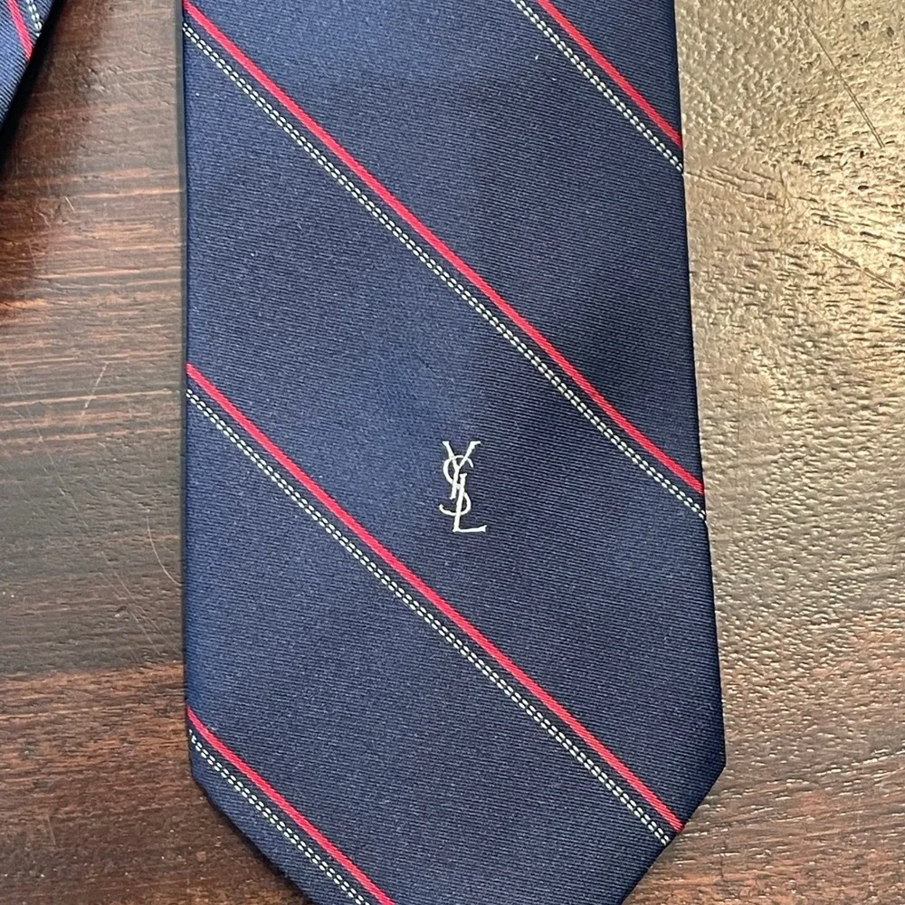 Yves Saint Laurent Navy Blue Red Striped Silk Tie YSL Monogram Logo